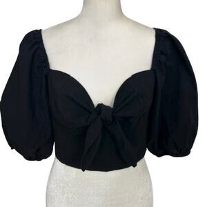 Black Milkmaid Tie Front Crop Top Puff Sleeve Smocked Cottage Sweetheart M NWT